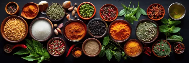 White bowls of colorful spices and herbs sit beside scattered herbs, pods, and utensils on a dark gray background.