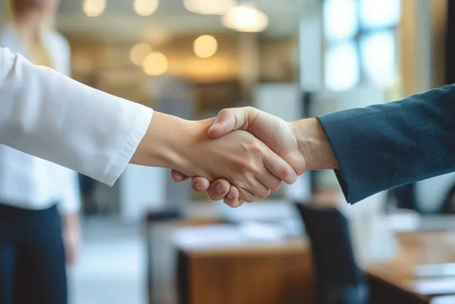 Two professionals shake hands across an office desk with documents and blurred workspace behind them.