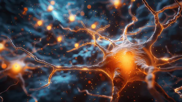 Glowing orange and light-blue neuron network branches across a dark brain-like background.
