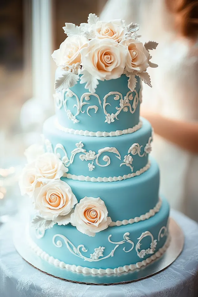 Four-tier light blue cake with white scrollwork and roses sits on a table, softly lit in the background.