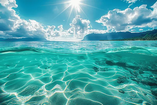 Sunlit clear ocean view with turquoise water, sandy seabed ripples, bright clouds