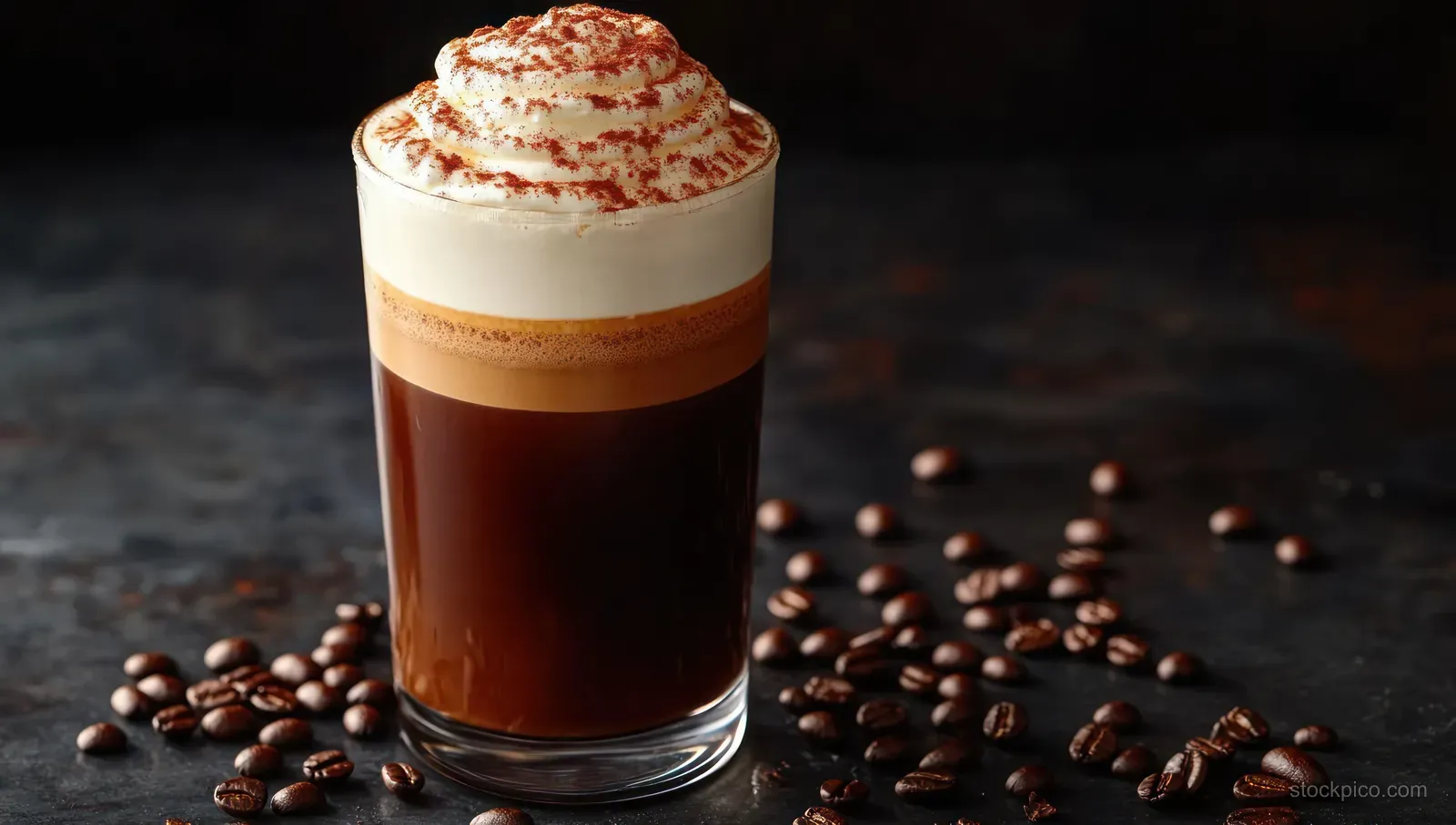 Creamy coffee in a glass topped with whipped cream and cocoa, surrounded by scattered coffee beans on a dark table.