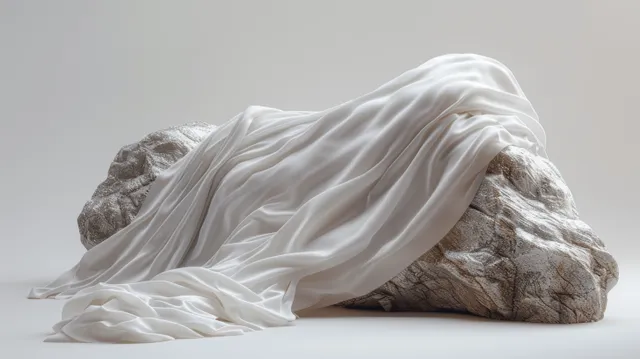 White Fabric Draped Over Rock on Pedestal Against Gray Background