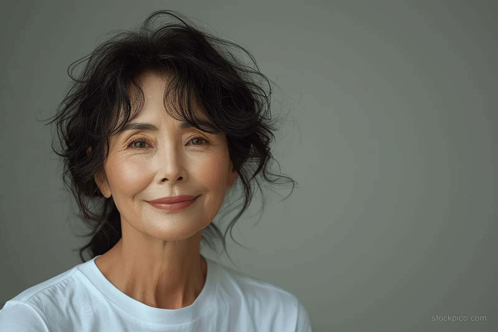 An Asian senior woman smiles in a white T-shirt with wind-tousled hair against a plain studio background.
