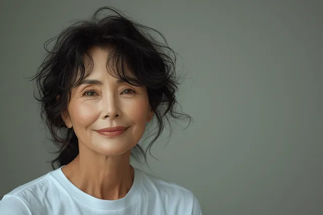 Smiling Asian senior woman in white T-shirt with wind-tousled hair on simple studio backdrop