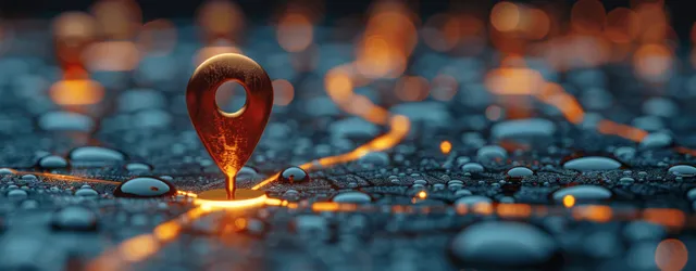 A glowing GPS pin sits above a blurred city street with navigation visuals on a smartphone screen.