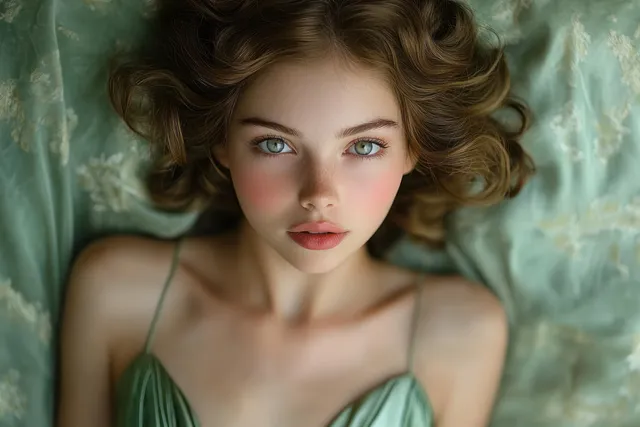 Elegant woman posing in soft green satin dress with gold jewelry and luminous makeup