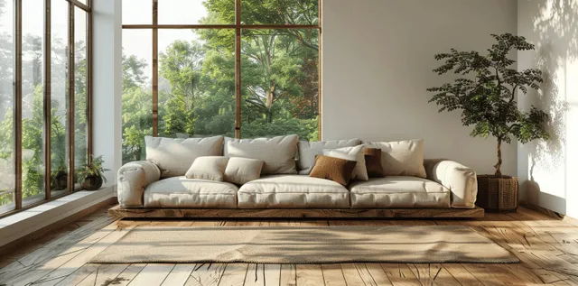 Sunlit modern living room with sofa, wooden floor, and large window revealing lush greenery outside with Nature Inspired View