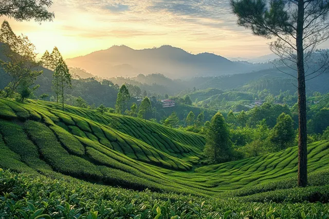 Green tea plantation rows on rolling hills with tall trees, morning mist, and sunrise-lit mountains.