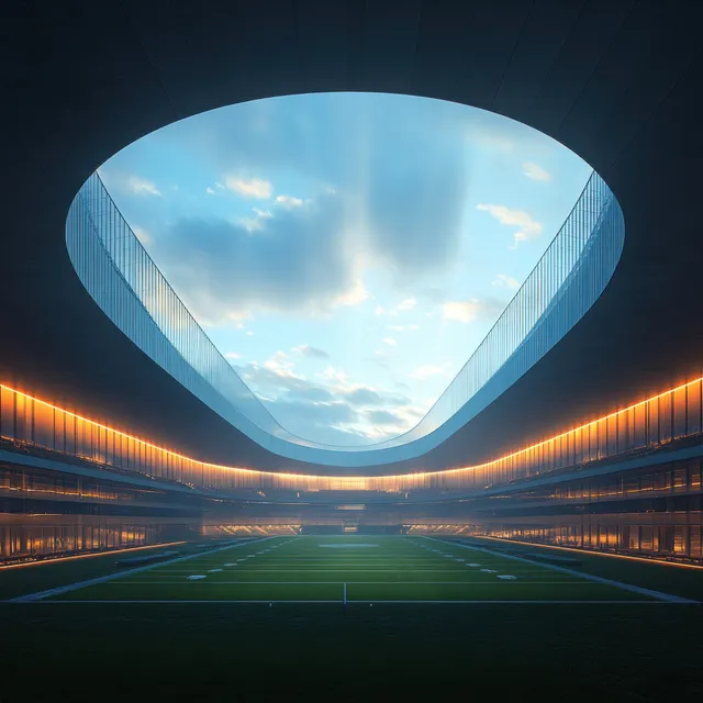 Aerial view of a minimalist stadium interior with a triangular skylight and illuminated perimeter lights.
