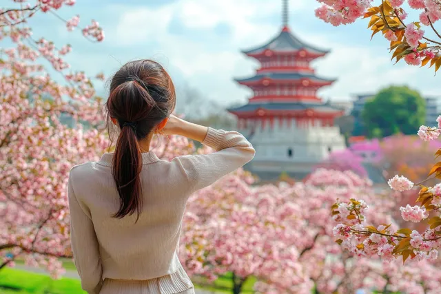 Woman with ponytail gazes at cherry blossoms and a red pagoda under cloudy spring sky