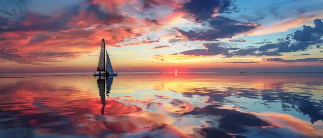 A sailboat sails on reflective water beneath a colorful dramatic sunset sky.