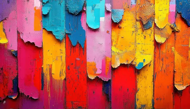 Colorful peeling paint wall with layered texture panels in urban street art