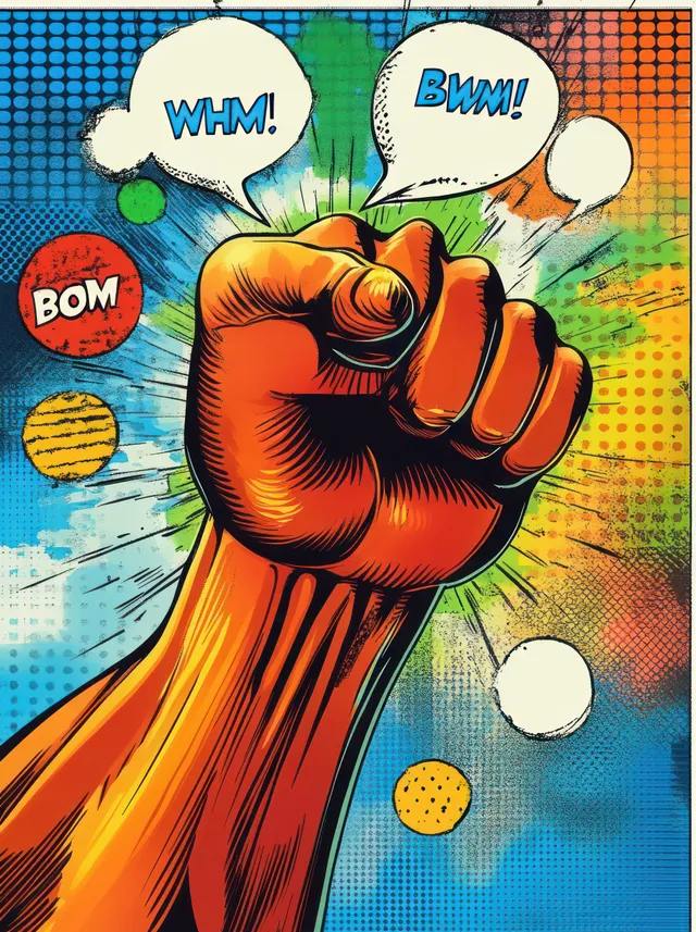 A comic superhero fist punches forward with speech bubbles reading WHAM, BAM, and BOM.