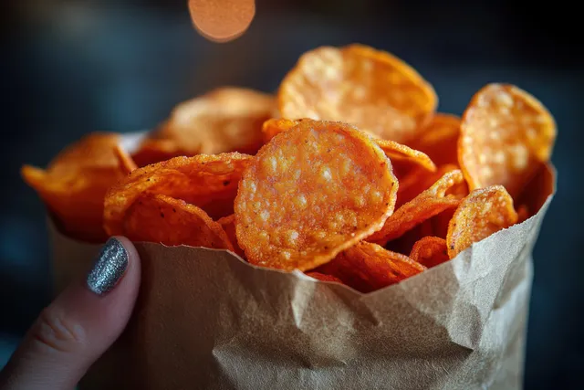 Hand holding a brown paper bag of spicy round potato chips with dark bokeh behind it.