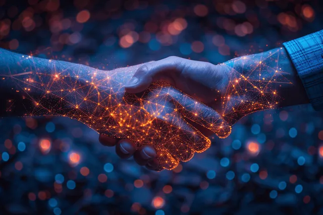 Futuristic digital handshake between hands with glowing polygon mesh on blue bokeh background