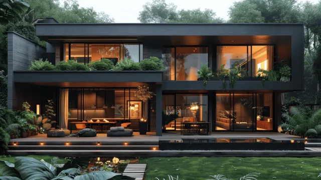 Black minimalist home showing open kitchen and dining through large glass at dusk