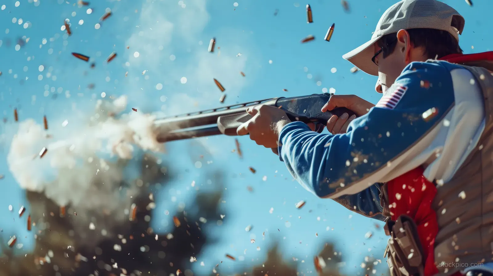 A shooter aims a shotgun and fires as clay targets burst into flying fragments at an outdoor double trap event.