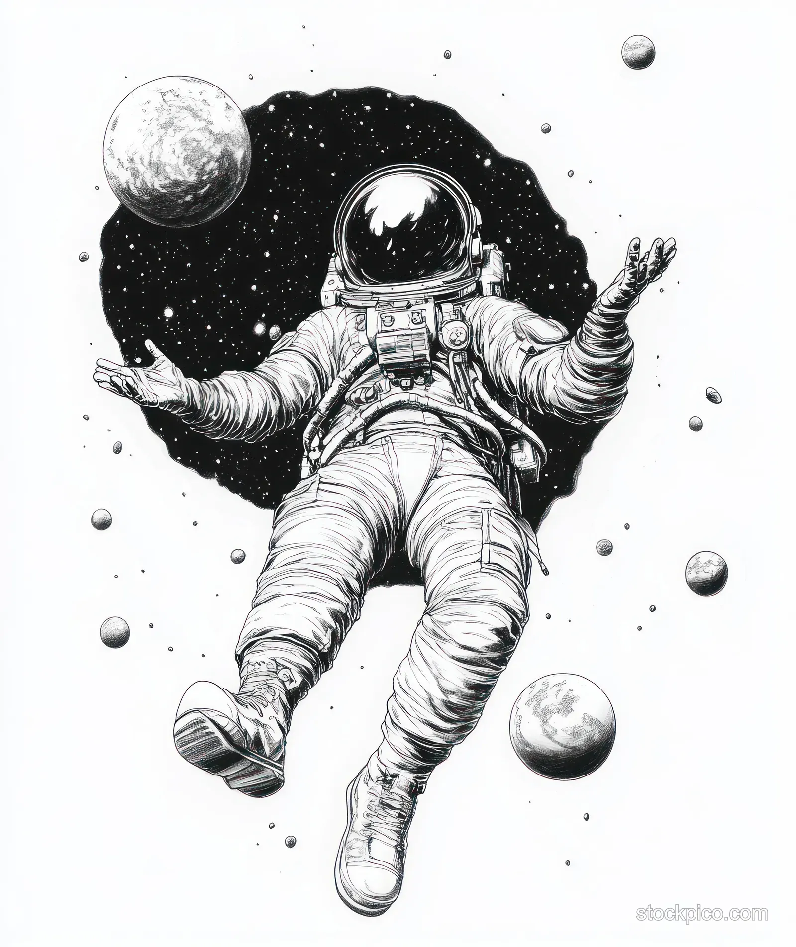 An astronaut floats weightlessly in space with arms open, surrounded by planets and scattered star dots.