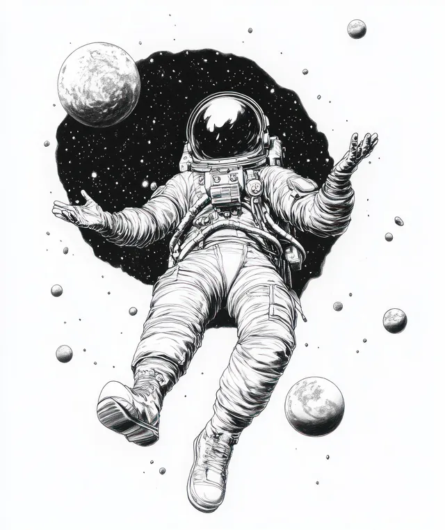 An astronaut floats weightlessly in space with arms open, surrounded by planets and scattered star dots.