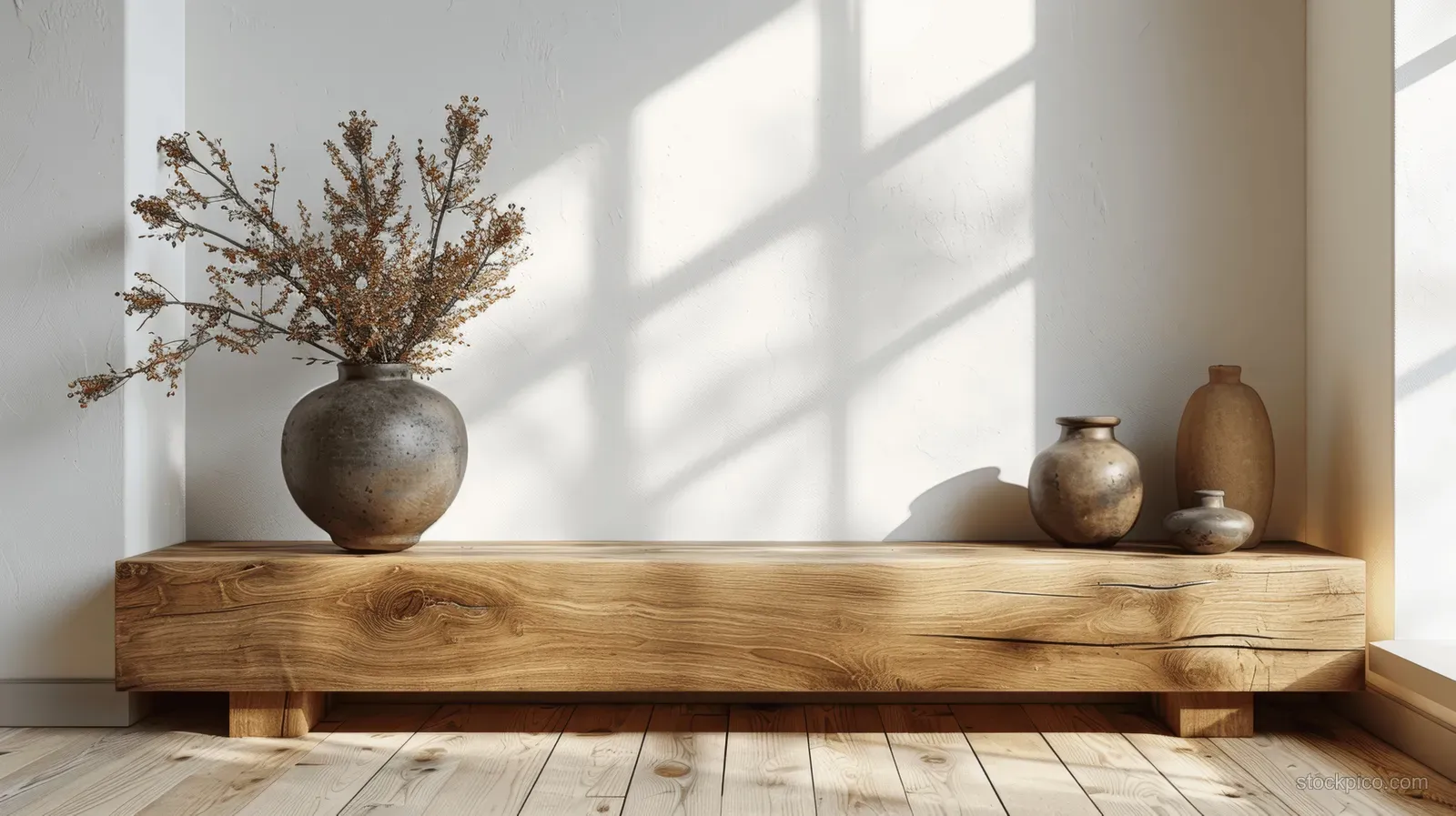 Wooden sideboard in a beige interior displaying vases and dried branches beside a sunlit window.