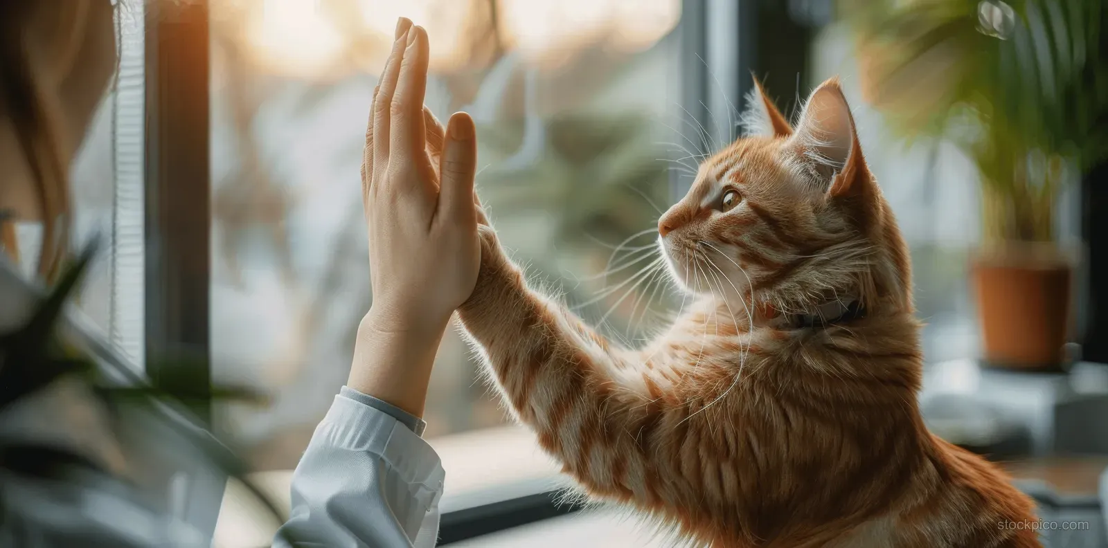 A female veterinarian high-fives an orange kitten in a sunlit modern home, capturing a joyful pet-care moment.
