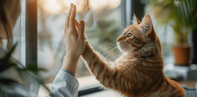 A female veterinarian high-fives an orange kitten in a sunlit modern home, capturing a joyful pet-care moment.