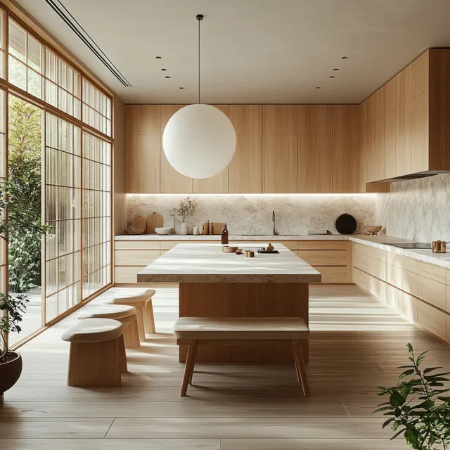Sunlit modern kitchen with light wood cabinets, marble island, stools, and plants near large sliding glass doors.