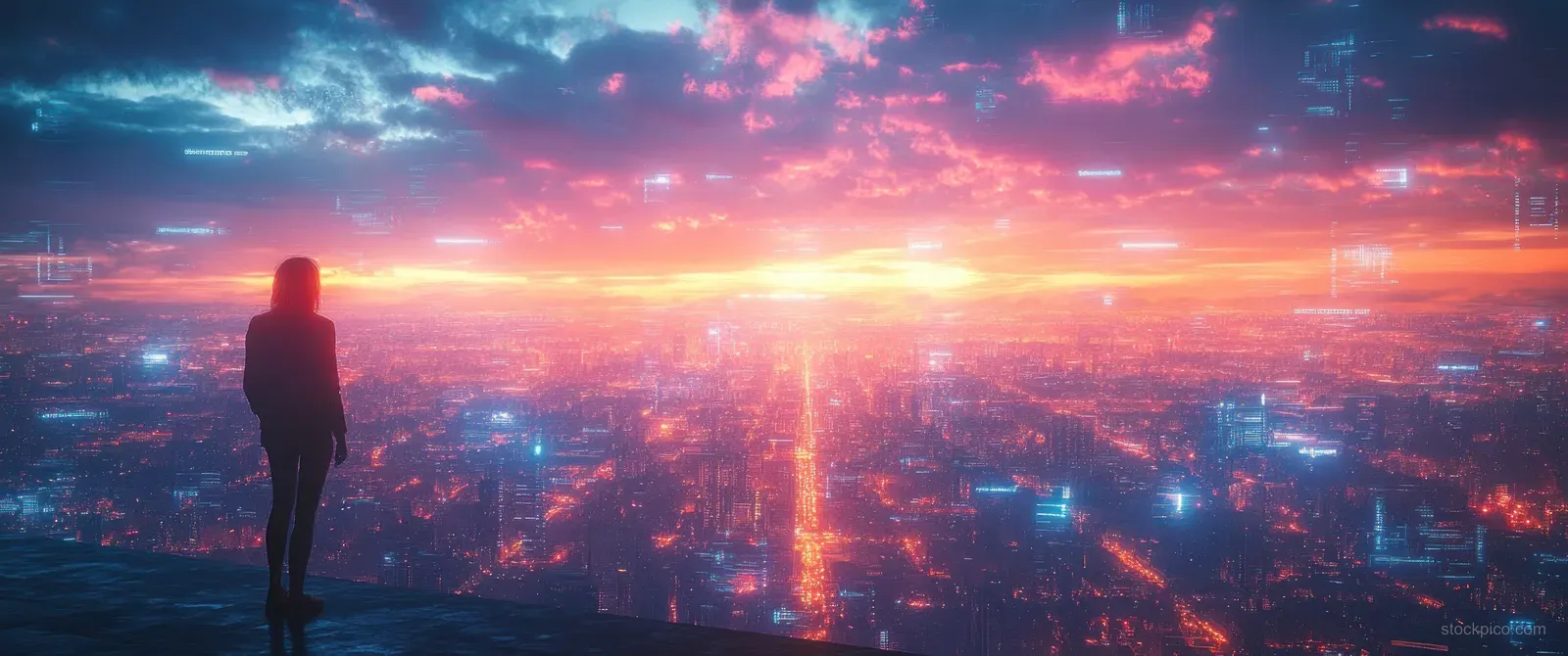 A silhouetted person overlooks a neon-lit futuristic city at sunset.