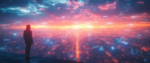 A silhouetted person overlooks a neon-lit futuristic city at sunset.