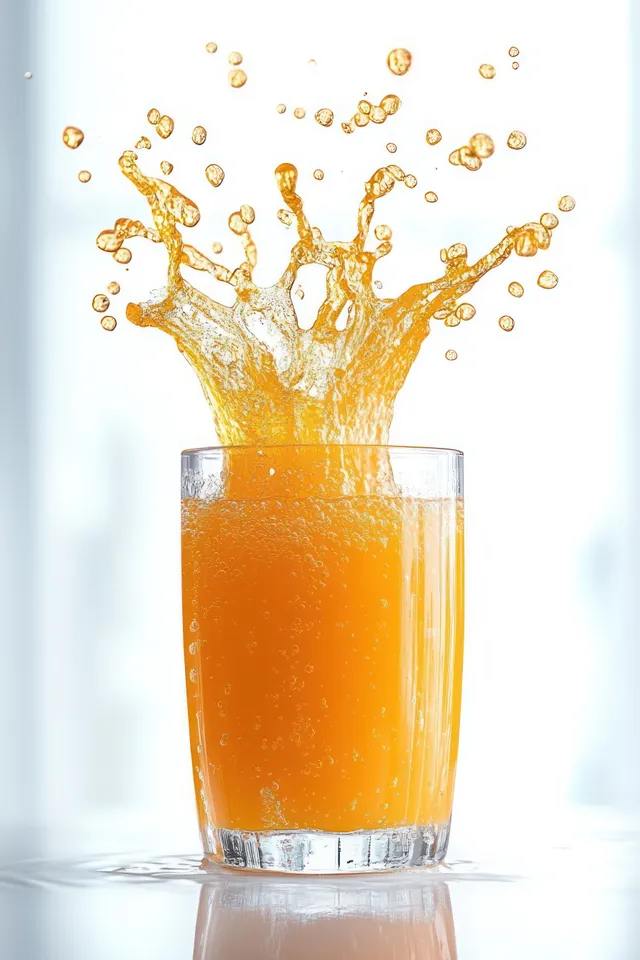 Peach orange juice splash erupts from a glass with flying droplets on a white background.