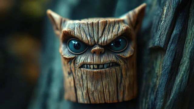 Close-up of a carved wooden angry face with sharp teeth and vivid blue eyes against rough tree bark.