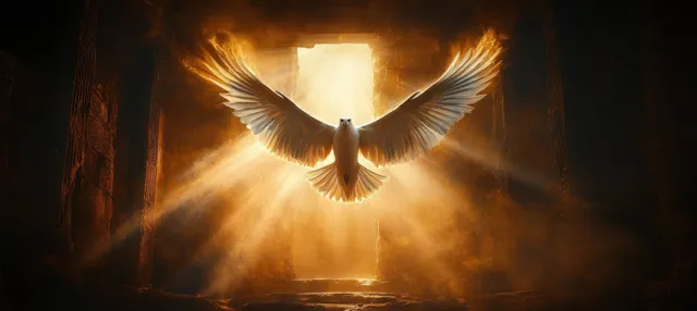 Dove soaring through ancient archway, divine light rays, golden glow, spiritual atmosphere