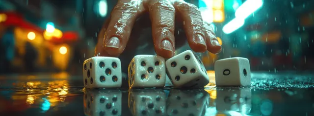 A hand rolls dice on a wet nighttime street with glowing lights behind, hinting at a travel choice shift.