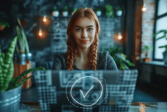 Business woman at laptop with virtual document check mark overlay in a modern office
