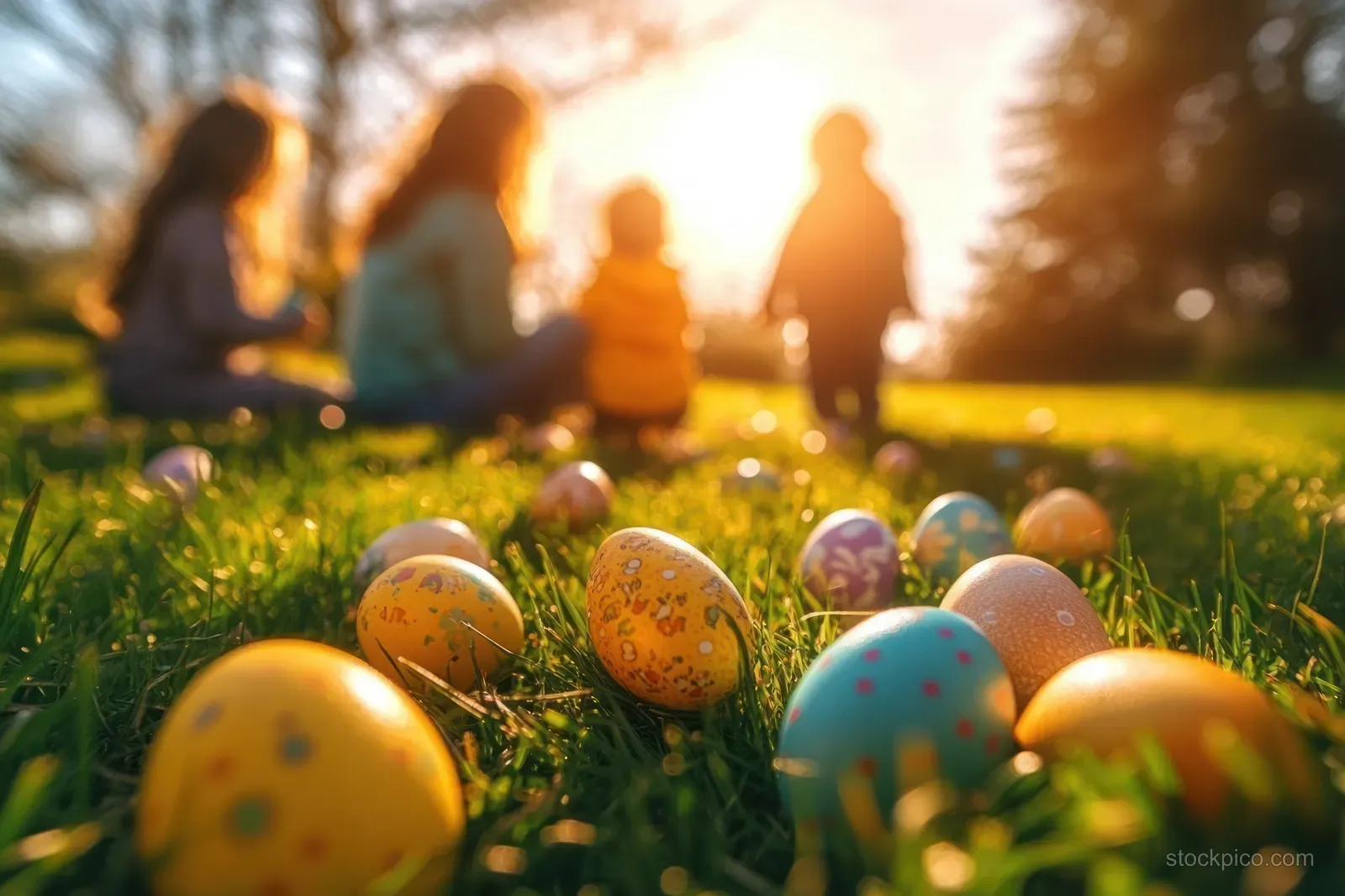 Painted Easter eggs scattered on green grass with blurred children playing in the sunny background.
