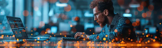 Businessman calculates financial data on calculator while browsing online shopping on virtual screen