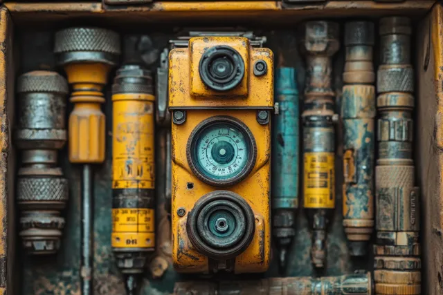 Surveying and evidence tools are laid out in a toolbox drawer with a yellow vintage meter camera at center.