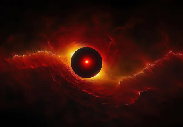 A dark glowing red sphere floats at the center of swirling red and orange fiery nebula clouds.