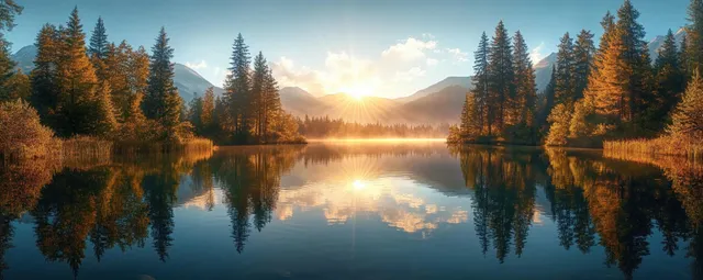 Sunrise over calm lake with pine and autumn trees, mountain silhouettes, golden reflections