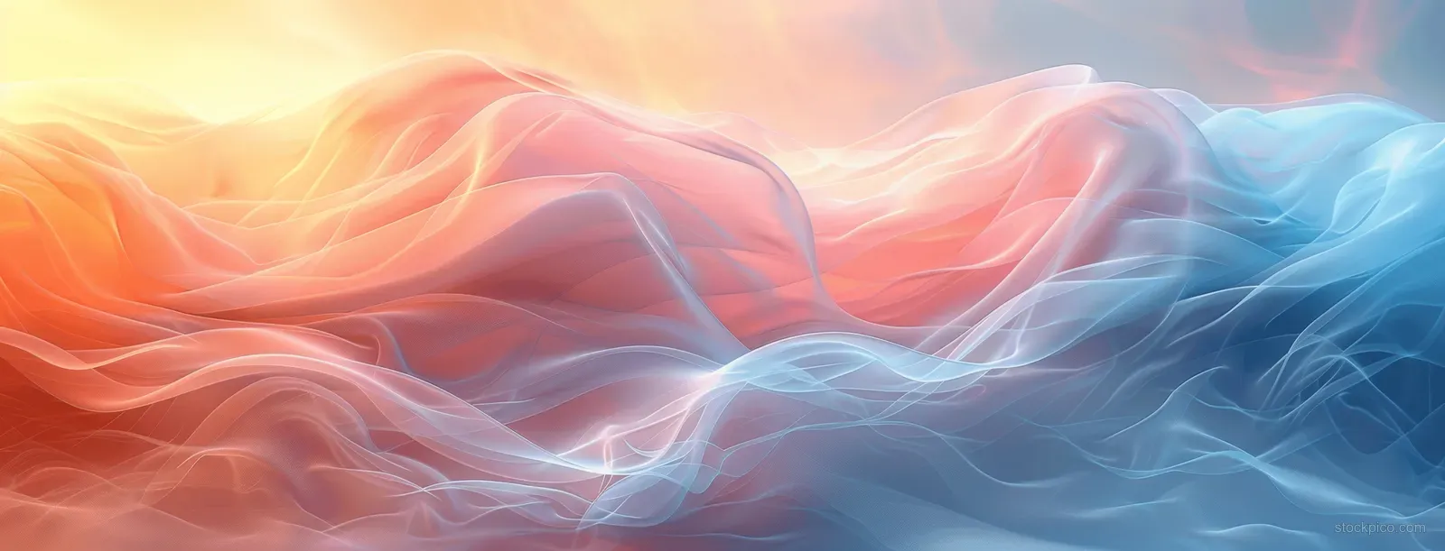 Peach and blue pastel abstract waves swirl with silky light blur lines across a soft background.