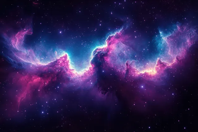 Purple and blue nebula glowing across deep space with scattered stars.