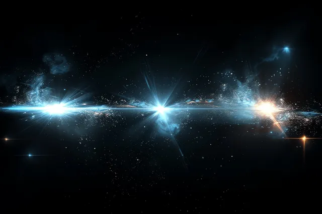 Blue lens flare light beams streak across black background with sparkling particle glow