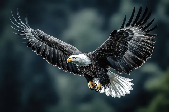A bald eagle soars with wings fully spread against a blurred natural background, embodying freedom and strength.