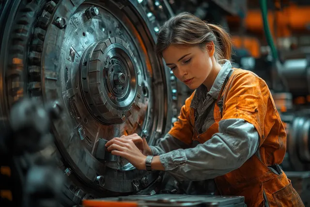 Engineer inspecting industrial turbine part with tool, focused collaboration on factory floor