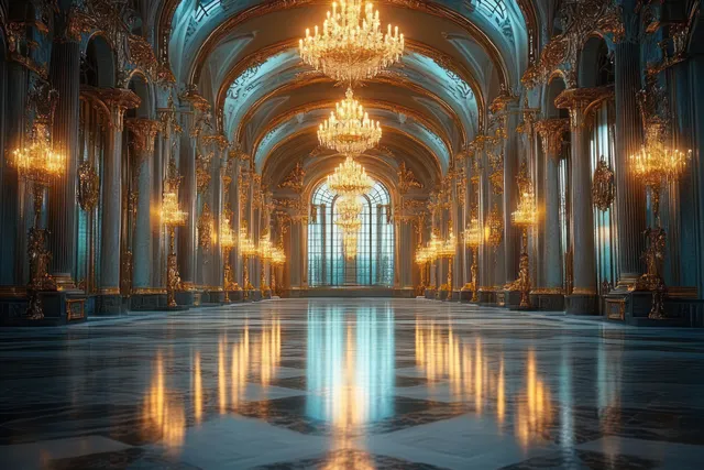 Baroque palace hall with twin chandeliers, warm lights, and symmetrical mirrored marble floor