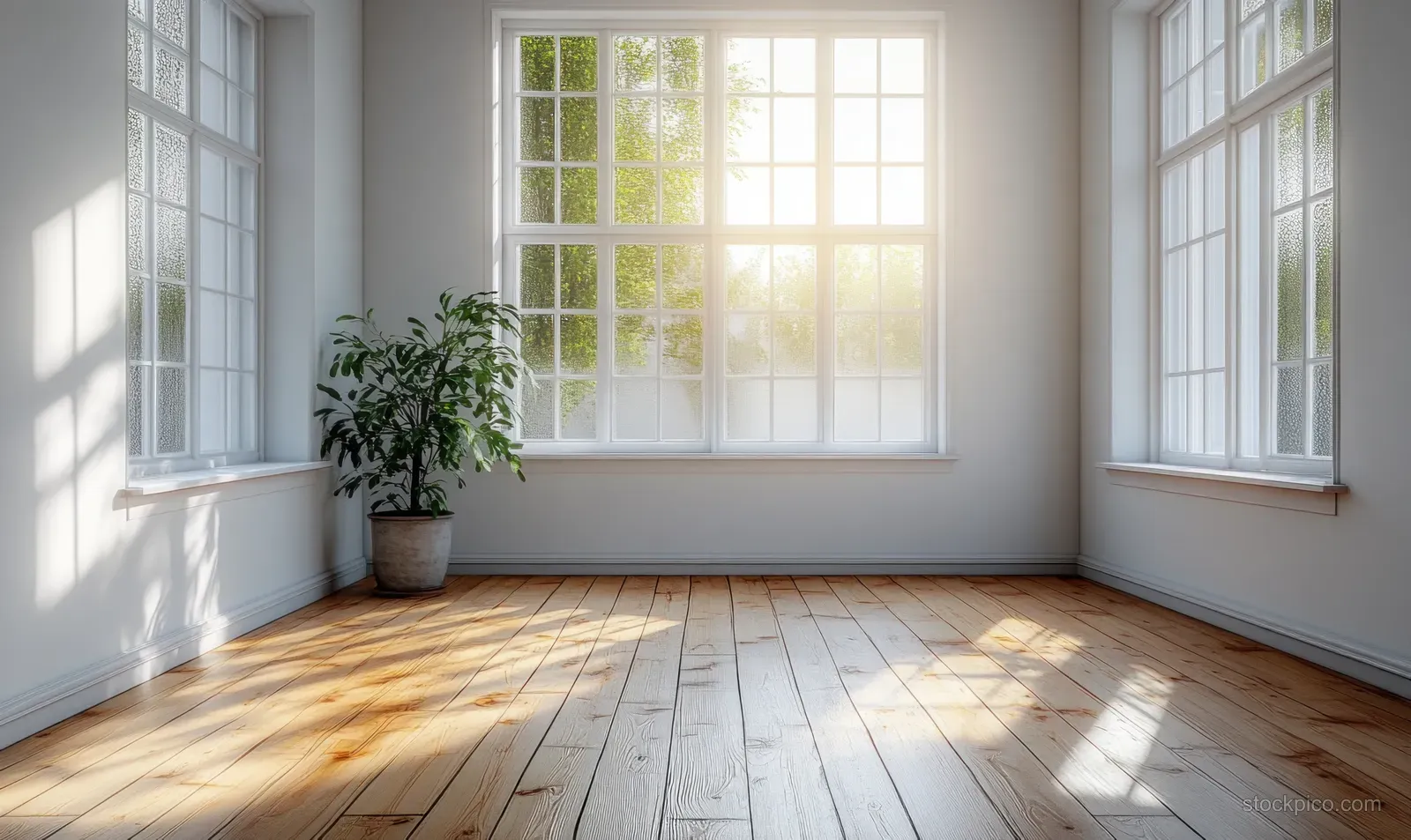 Empty minimalist living room interior with wooden floor, white walls, potted plant, and sunlit windows casting shadows.