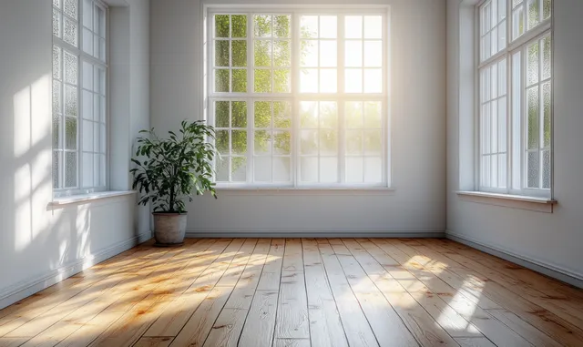 Empty minimalist living room interior with wooden floor, white walls, potted plant, and sunlit windows casting shadows.
