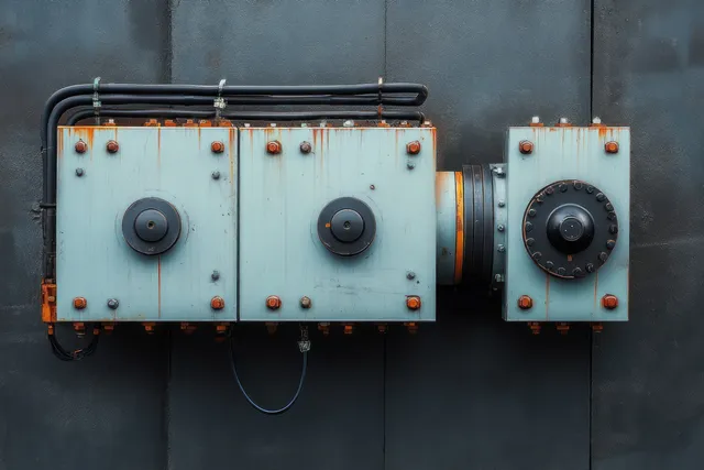 Rusted blue industrial control boxes with black knobs and exposed wiring mounted on a dark metal wall.