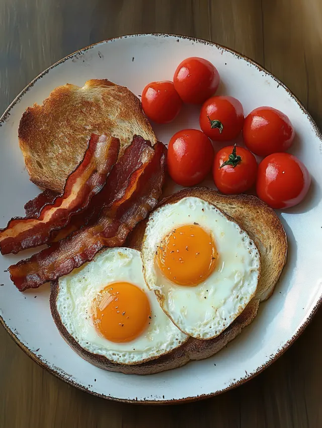 Two sunny-side fried eggs sit on toast with crispy bacon and cherry tomatoes on a plate atop a wooden table.